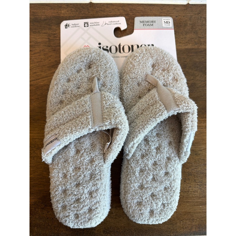 Isotoner Womens Memory Foam Thong Slippers Light Grey Terry Cloth Size MD 7.5-8